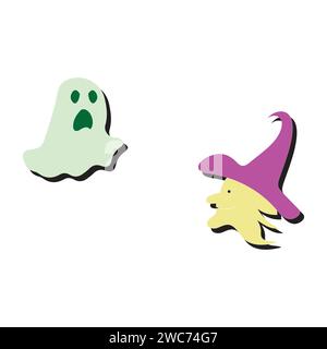 Happy Halloween Day Element Hintergrund Vektor. Niedliche Sammlung gespenstischer Geister, Kürbis, Fledermaus, Süßigkeiten, Katze, Schädel, Spinne, Grab, Schloss. Stock Vektor