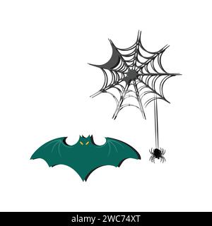 Happy Halloween Day Element Hintergrund Vektor. Niedliche Sammlung gespenstischer Geister, Kürbis, Fledermaus, Süßigkeiten, Katze, Schädel, Spinne, Grab, Schloss. Stock Vektor