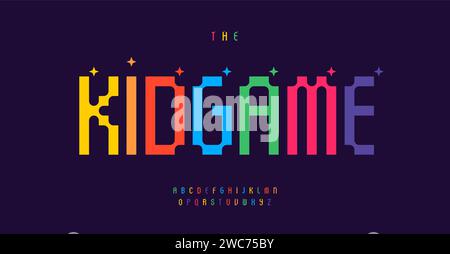 Buntes Würfelalphabet, lebendige, verspielte Buchstaben, lustige Schriftart für fröhliche moderne Logos, fröhliche Überschrift, lebendiges typografisches Design. Vektor Stock Vektor