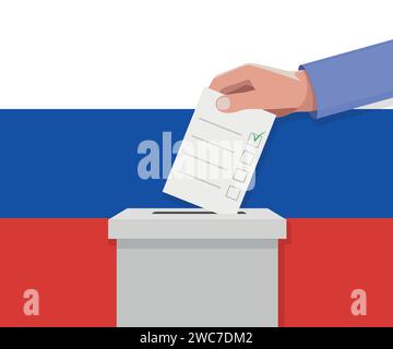 Wahlkonzept Russland. Hand legt Abstimmungsbericht in die Abstimmungsbox. Stock Vektor