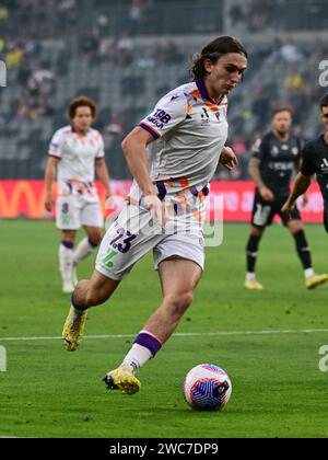 Parramatta, Australien. Januar 2024. Daniel Bennie vom Perth Glory FC, der während der Isuzu UTE A-League-Saison im Spiel der Unite Round zwischen Perth Glory und Wellington Phoenix im CommBank Stadium in Aktion war. Endpunktzahl: Wellington Phoenix 4:3 Perth Glory. (Foto: Luis Veniegra/SOPA Images/SIPA USA) Credit: SIPA USA/Alamy Live News Stockfoto