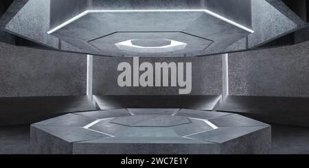 Futuristischer Raum mit Betonwänden und einem Produktständer 3D-Rendering-Illustration Stockfoto