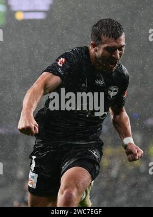 Parramatta, Australien. Januar 2024. Timothy John Payne vom Team Wellington Phoenix FC feiert während des Spiels der Isuzu UTE A-League Unite Round zwischen Perth Glory und Wellington Phoenix im CommBank Stadium. Endpunktzahl: Wellington Phoenix 4:3 Perth Glory. (Foto: Luis Veniegra/SOPA Images/SIPA USA) Credit: SIPA USA/Alamy Live News Stockfoto