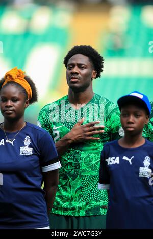 Abidjan, Nigeria. Januar 2024. Nigeria gegen Equitorial Guinea. Afrikanischer Nationenpokal AFCON 2023. Ola Aina. Victor Modo Stockfoto