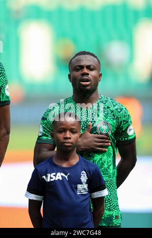 Abidjan, Nigeria. Januar 2024. Nigeria gegen Equitorial Guinea. Afrikanischer Nationenpokal AFCON 2023. Moses Simon. Victor Modo Stockfoto