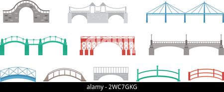 Verschiedene Flachbrücken. Isolierte Brückensymbole, verschiedene Metallbrückenwerke. Städtisches Wahrzeichen, Verkehrsstraßenelement, anständiges Vektorset Stock Vektor