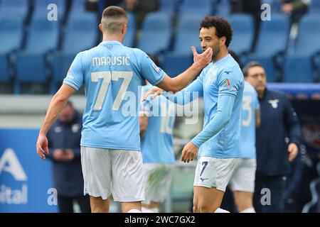 Rom, Italien 14.01.2024: Felipe Anderson aus Latium erzielte das Tor 1-0 und feierte mit dem Team während der italienischen Serie A TIM 2023-2024 Football m Stockfoto