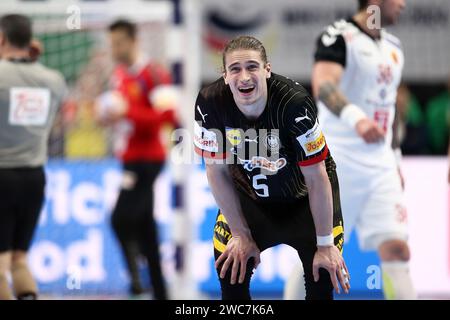 Berlin, Allemagne. Januar 2024. JURI Knorr aus Deutschland während der EHF Euro 2024 der Männer, Gruppe A Handballspiel zwischen Nordmazedonien und Deutschland am 14. Januar 2024 in der Mercedes-Benz Arena in Berlin - Foto Piotr Matusewicz/DPPI Credit: DPPI Media/Alamy Live News Stockfoto