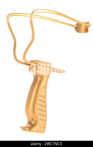 Golden Slingshot, 3D-Rendering isoliert auf weißem Hintergrund Stockfoto