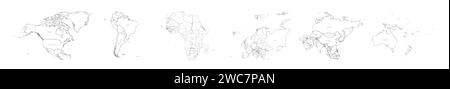 Satz von sechs Karten des Weltkontinents in Folge – Nordamerika, Südamerika, Afrika, Europa, Asien und Australien. Dünne schwarze Konturvektorkarte mit Ländernamen Stock Vektor