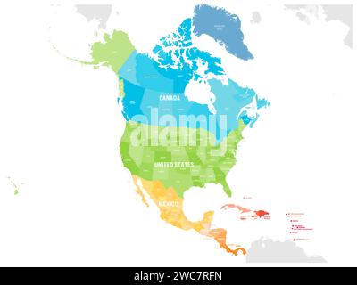 Politische Karte der nordamerikanischen Länder Kanada, Vereinigte Staaten von Amerika, Mexiko mit administrativen Abteilungen. Zentralamerikanische Länder und Karibik. Farbenfrohe leere Karte. Vektorabbildung Stock Vektor