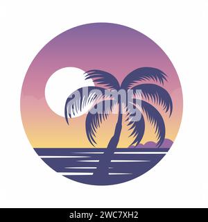 Retro-Illustration bei Sonnenuntergang mit abstraktem Hintergrund und Palmensilhouette in einem Kreis. Sonniges Gefälle. Designvorlage für Logo, Abzeichen und T-Shirt Stock Vektor