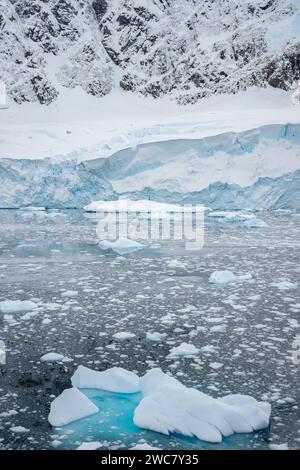 Neko Harbor, Antarktis, Blick auf Hafen und Ufer, kleine Eisberge und schneebedeckte Berge, Klippen, Ufer, eisgefülltes Wasser, abstrakt, Reflexionen Stockfoto