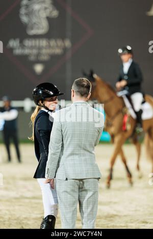 Gold and Shooting Club, VAE. 14. Januar 2024. Sophie Hinners aus Deutschland Siegerin des CSI4*-W - Longines Al Shira’aa FEI Jumping World Cup™ Gand Prix bei der Al Shira’aa Horse Show am 14. Januar 2024, Al Ain Equestrial, Gold and Shooting Club, Vereinigte Arabische Emirate (Foto von Maxime David - MXIMD Pictures) Credit: MXIMD Pictures/Alamy Live News Stockfoto