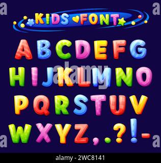 Schriftart Kids Zone. Kind lateinisches Original-Alphabet verspielte Zeichentrickbuchstaben, Kind Spaß Typografie Zeichen abc Typ Text für Schulbildung Spiel Spiel, Vektor Illustration des Alphabet Schriftart Typografie Charakter Stock Vektor
