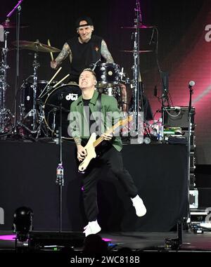 Anaheim, USA. Januar 2024. Yellowcard - Ryan Key tritt am 13. Januar 2024 auf der Bühne des iHeartRadio Alter EGO 2024 im Honda Center in Anaheim, Kalifornien, auf. Foto: C Flanigan/imageSPACE Credit: Imagespace/Alamy Live News Stockfoto