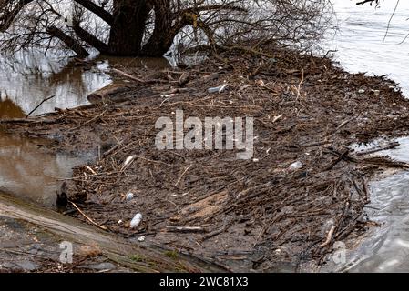 Kunststoffabfälle, feste Abfälle, Holzspäne im Fluss, Kanal, entlang der Küste oder Ufer. Querformat. Stockfoto