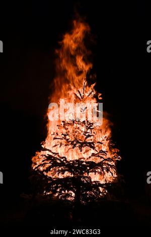 Silhouette eines Weihnachtsbaums, der in Flammen gegen dunkle Nacht im Januar eingetaucht ist Stockfoto