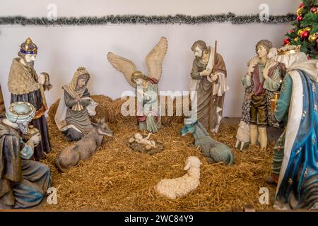 Die Krippe und die Krippe in der Geburtskirche, einem Geburtsort Jesu Christi, in Bethlehem City, West Bank, Palästina. Stockfoto