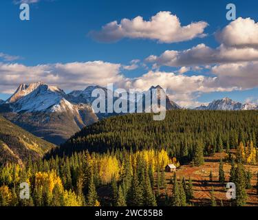 Bergbauhütte, eingebettet in Aspen- und Kiefernwälder unter schneebedeckten Bergen entlang des Million Dollar Highway in Colorado Stockfoto