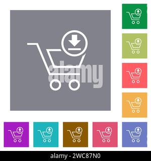 Laden Sie den Warenkorb herunter, um flache Symbole auf einfachen quadratischen farbigen Hintergründen herunterzuladen Stock Vektor