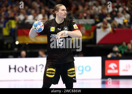 Berlin, Allemagne. Januar 2024. JURI Knorr aus Deutschland während der EHF Euro 2024 der Männer, Gruppe A Handballspiel zwischen Nordmazedonien und Deutschland am 14. Januar 2024 in der Mercedes-Benz Arena in Berlin - Foto Piotr Matusewicz/DPPI Credit: DPPI Media/Alamy Live News Stockfoto