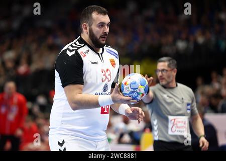 Berlin, Allemagne. Januar 2024. Zharko Peshevski von Mazedonien während der EHF Euro 2024 der Männer, Gruppe A Handballspiel zwischen Nordmazedonien und Deutschland am 14. Januar 2024 in der Mercedes-Benz Arena in Berlin, Deutschland - Foto Piotr Matusewicz/DPPI Credit: DPPI Media/Alamy Live News Stockfoto