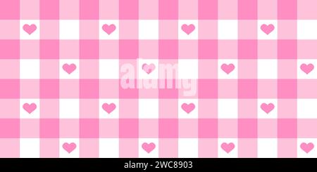 Karierter Hintergrund mit rosa und weißen Quadraten und Herzen. Gingham- oder vichy-Muster aus Tischdecke, Serviette, Handtuch, Decke. Picknick-Karomuster. Valentinstag Scrapbooking oder Geschenkpapier. Stock Vektor