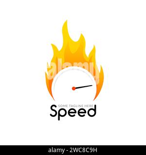 Tachometer-Logo mit Flammendesign. Schnelle Messung des Brandgeschwindigkeitsmessers Stock Vektor
