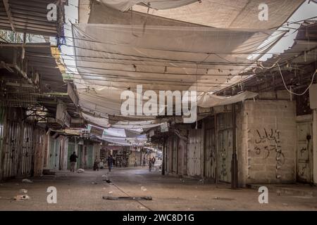 Die leere Straße mit den Baldachinen am Basar in der Altstadt von Hebron, Westjordanland, palästinensischen Gebieten (Palästina). Stockfoto