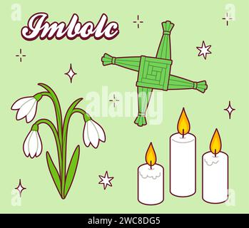 Imbolc Symbols Doodle Set, heidnische Frühlingsferien. St. Brigids Kreuz, Schneetropfen, weiße Kerzen. Vektordarstellung, einfache Zeichnung. Stock Vektor