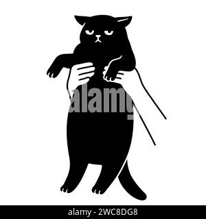 Hände halten mürrisch aussehende, fette Katze hoch. Lustige Zeichentrickzeichnung, süße und einfache Vektorillustration. Mollige schwarze Katze Kritzelei. Stock Vektor