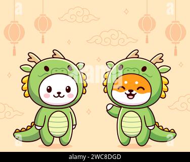 Kawaii Katze und Hund in grünen Drachenkostümen. Grußkarte zum chinesischen Neujahr. Niedliche Zeichentrickgrafik Vektor-ClipArt Illustration. Stock Vektor