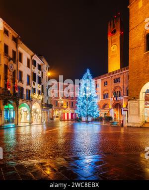 Treviso, Italien, 2. januar 2024: Piazza dei Signori (Platz des Herrn) in der Nacht während der Weihnachtszeit. Weihnachtsbaum mit Lichtern in der Mitte Stockfoto