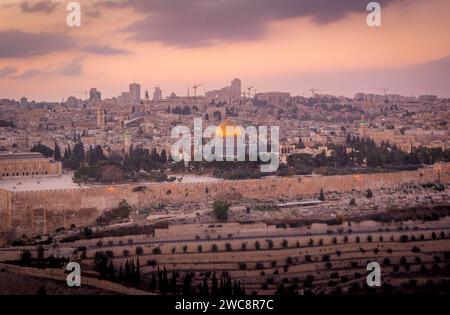 Der Panoramablick über den muslimischen Felsendom und die Al-Aqsa Moschee, die muslimischen Schreine, auf dem Tempelberg in der Altstadt von Jerusalem Stockfoto