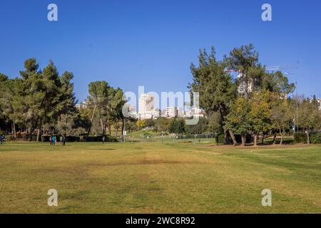 Der grüne Rasen des Rehavia Parks, der große Garten im Westen Jerusalems, mit Leuten, die Spaß haben und Bauen im Hintergrund gesehen. Stockfoto