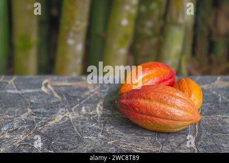 Kakaoschoten Stillleben schließen ganze organische Marmorbambus im Hintergrund Stockfoto