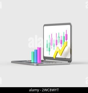 Laptop 3D-Objekt mit einem Diagramm steigender Aktienkurse Stockfoto