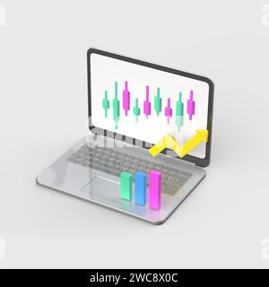 Laptop 3D-Objekt mit einem Diagramm steigender Aktienkurse Stockfoto