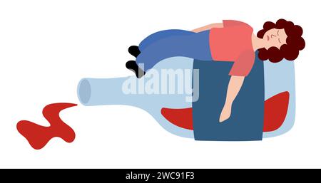 Alkoholismus-Problem. Ungesunde Lebensweise. Alkoholmissbrauch und sucht. Alkoholcharakter der Frau. Betrunkenes Mädchen, das auf einer Flasche Wein liegt. Vektor flach Stock Vektor