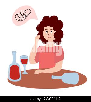 Alkoholismus-Problem. Ungesunde Lebensweise. Alkoholmissbrauch und sucht. Alkoholcharakter der Frau. Das betrunkene Mädchen sitzt allein am Tisch mit Flaschen Wein Stock Vektor