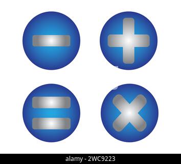 Blaue silberne mathematische Taschenrechner-Symbole, minus, plus, gleich und multiplizieren. Logoaufkleber mit Schaltflächensymbol isoliert bearbeitbar. Stock Vektor