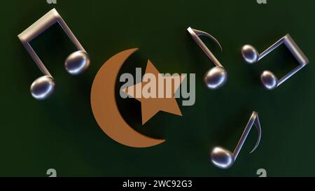3D-Darstellung eines Mondsichels und eines Sterns, umgeben von musikalischen Noten Stockfoto
