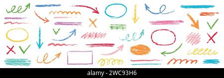 Kreidepfeil, Linienpinsel Set. Buntstift-Pfeil, unterstrichen, handgeschriebene Markierungselemente. Vektor Hand gezeichnet Scribble Buntstift, Marker Farbe Pinsel Textur. Illustration des Vektors der rauen Kreide Stock Vektor
