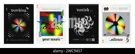 Y2K-Retro-Poster und Cover-Designvorlage mit leuchtend irisierenden und schwarzen abstrakten Tribal-Grafikelementen. Vektor-Illustration Set von Techno-Banner-Layout in 2000s Rave und Brutalismus Ästhetik. Stock Vektor