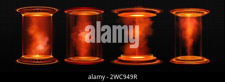 Magisches Neon-Spielportal mit roter Plattform, strahlendem Licht und Rauch. Realistische Vektor-Illustration Set des futuristischen Teleportpodiums mit Strahlen und Nebel. Fantastische Technologie für Zeit- und Raumreisen. Stock Vektor