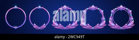 Avatarrahmen oder Menübanner für das Design der Spielebene. Cartoon Vektor Set der Evolution Prozess der Fantasy dekorative Metall Kreis Grenze mit verschiedenen Anzahl von gewellten Kanten und Diamanten. Stock Vektor