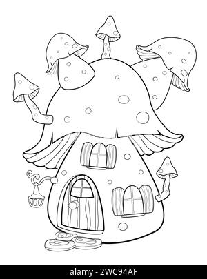 Cartoon Fantasy Pilzhaus. Kleines Feenhaus. Skizzieren Sie Konturen zum Einfärben. Stock Vektor