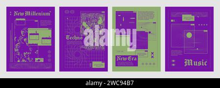 Y2K-Poster mit groovigem Vibe-Design. Vektor-realistische Illustration der retrowellenförmigen Pixel-Design-Flyer in lila und grünen Farben, Drahtmodell-Hintergrund mit alten Computer-Software-Symbolen, kreative grafische Banner Stock Vektor