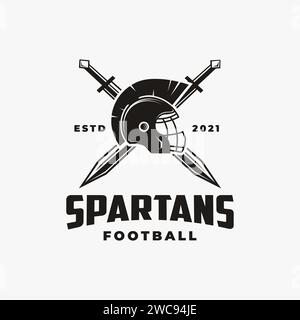 American Football Sport Team Logo Vorlage, Spartan Fußball Logo mit american Football Helm, Spartan Haar, gekreuzte Spartanschwertvektor Stock Vektor
